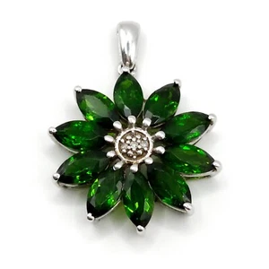 925 Sterling Silver Diamond & Chrome Diopside Flower Drop Pendant Necklace - Picture 1 of 8