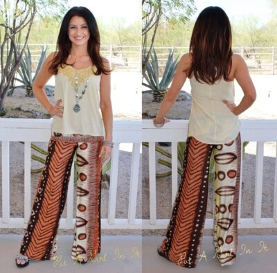 EE. UU. Nuevos PANTALONES PALAZZO JUP CINTURA ALTA PLEGABLES MARRÓN MOSTAZA TRIBAL BARBADOS S Foto 1 de 4