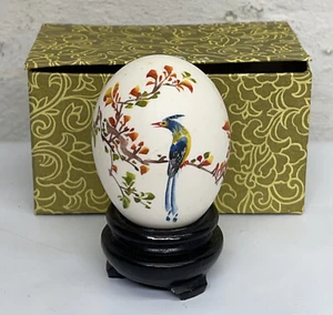 Vintage Chinese Hand Painted Egg Blue Bird Floral Signed Wood Stand Original Box - Picture 1 of 6