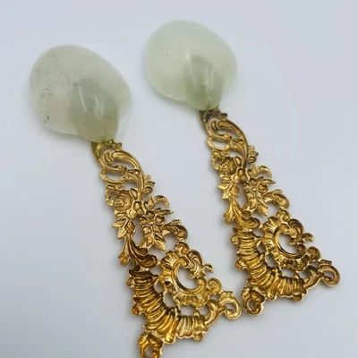 Jade Jadeite Set Of 2 Spoons Gold Filigree Handles Small 3” - Image 1 of 4