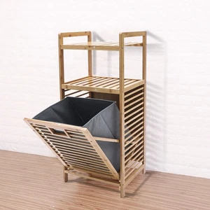 Bamboo Bathroom Laundry Hamper Cabinet Tilt Out Basket Storage with 2-Tier Shelf - Picture 1 of 10