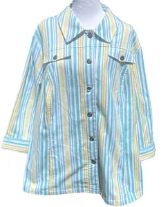 CJ Banks Button Up Jacket Women Sz 2X Blue Yellow Striped Stretch Grandmacore - Picture 1 of 20