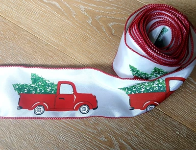 Wired Christmas Ribbon, Red Truck w Trees-3 1/2" Wide, Wired Edge, 5 yds+10" - Image 1 of 3