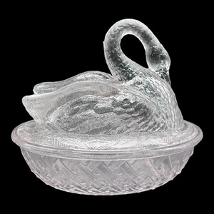Vintage EAPG Belmont Clear Glass Nesting Swan Basket Covered Candy Dish - Picture 1 of 8
