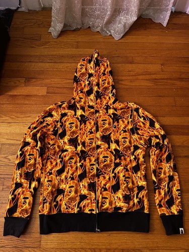 A BATHING APE (BAPE) Felpa con cappuccio e zip intera larga Bape Flame arancione taglia media