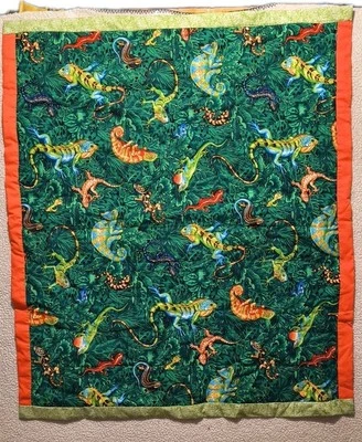 Vtg 90s Handmade Lizards Iguana Gecko Reptile Baby Blanket Gift Rainforest 40x45 - Image 1 of 4