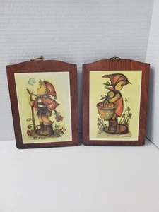 Vintage Pair Of Small Wooden Hummel Wall Art Plaque 5"x 7" Boy And Girl - Picture 1 of 7