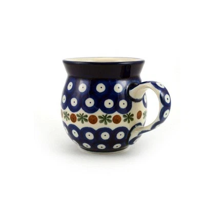 Small Round Mug - Flower Tendril/Blue Red & White Spots 240ml - Polish Pottery - Image 1 of 2