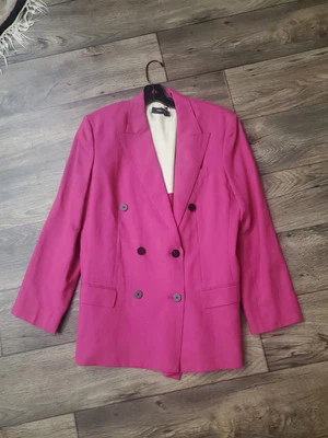 THEORY Double Breasted  Tailor  Pure Linen Jacket Fushia PINK BLAZER Size 6  - Image 1 of 4
