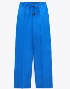 Zara 100% Linen Straight Leg Cobalt Blue Pants Women XS New - Picture 1 of 13