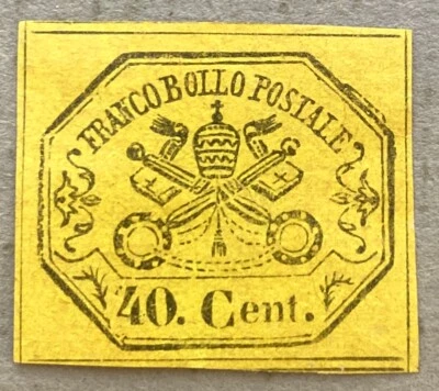 Roman States 17 - 1867 Glazed 40c Yellow Papal Coat of Arms Stamp, Imperforate - Image 1 of 3