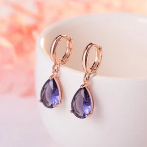 Gorgeous 18k Rose Gold Plated Created Purple Amethyst Teardrop Dangle Earrings - Picture 1 of 6