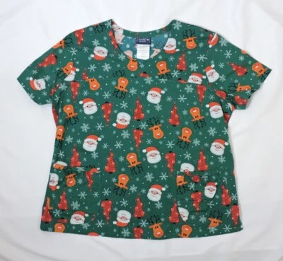 Sanibel Scrubs Christmas Women's Scrub Top Santa Reindeer Multi-color Size 2X - Image 1 of 4