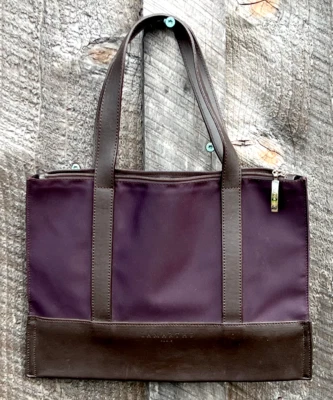 Lamarthe Paris Франции коричневый кожаный маленький сумка с короткими ручками Дамская сумка с фиолетовый холст  - Изображение 1 из 4