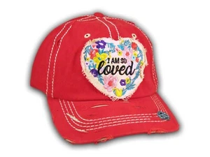 Red I Am So Loved Vintage Washed and Distressed Baseball Cap - Picture 1 of 4