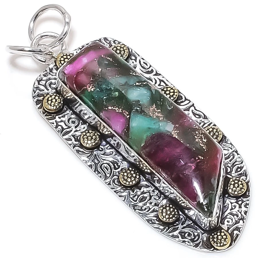Copper Zosite Gemstone 925 Sterling Silver Jewelry Two Tone Pendant 2.40" i008 - Image 1 of 1