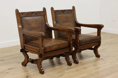 Pair of Tudor Design Vintage Oak & Leather Lounge Chairs #55101 - Image 1 of 4
