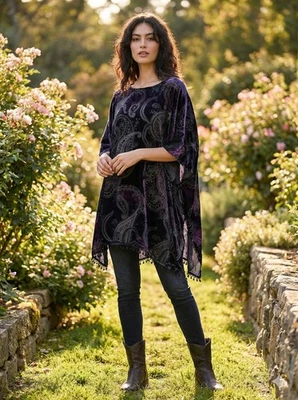 Poncho Top Chico's L/XL Terciopelo Burnout Púrpura Paisley Cuentas Flecos Capricho Foto 1 de 4