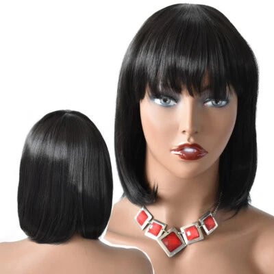 Women Bob Wigs with Bangs Premium Synthetic Short Black Brown Hair Natural Look  - Image 1 of 4