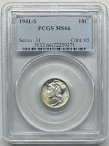 1941 S Mercury, Winged, Liberty Head Dime, Liberty 10 Cents 10C PCGS MS66 - Bild 1 von 2