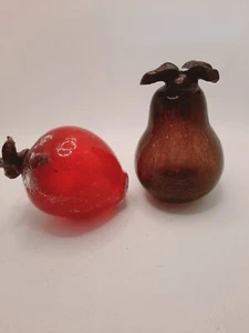 Vintage 2 PC Hand Blown Art Glass Crackle Glass Fruit Metal Stem- Pear Apple - Picture 1 of 6