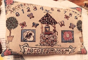 Tapestry Pillow Large Beige ABC/Wishing Well Butterflies Vintage 16"x12" VVGC - Picture 1 of 5