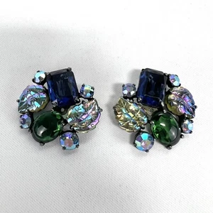 Schiaparelli Blue Green Cabochon Art Glass Iridescent Clip Earrings Vintage READ - Picture 1 of 12