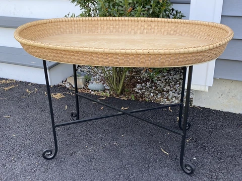 Very Rare Vintage Oval Nantucket Basket Tray Top Table Wrought Iron Legs Cover