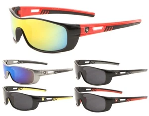 KHAN SHIELD MENS SUNGLASSES SPORT WRAP AROUND ONE PIECE CHOPPER MOTORCYCLE RETRO - Picture 1 of 6