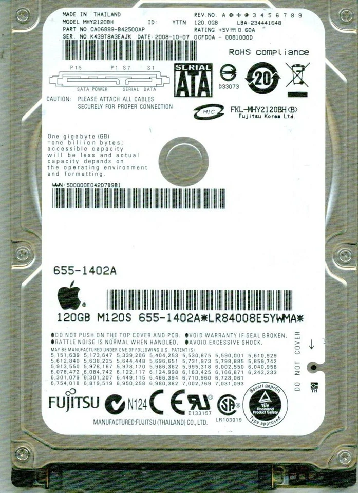MHY2120BH  P/N: CA06889-B42500AP   FUJITSU 2.5" 120GB SATA  2008 - Image 1 of 1