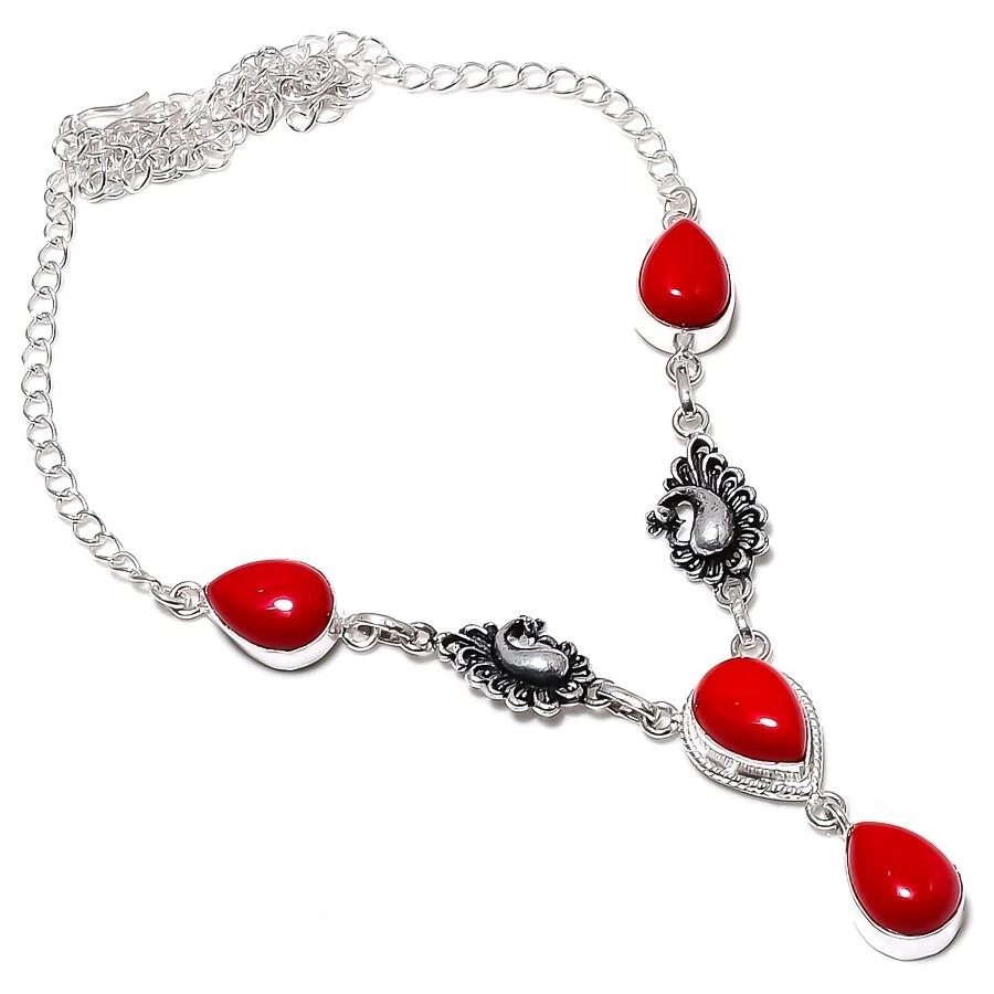 Collar de joyería de plata de ley 925 hecho a mano con piedras preciosas de coral rojo tamaño 18"" Foto 1 de 1