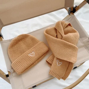 Two-Piece Set Knitted Hat Scarf Love Embroidery Children Beanies Scarves Outdoor - Picture 1 of 27