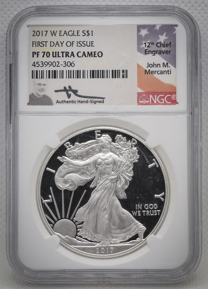 2017 W NGC PF70 Ultra Cameo Proof Silver Eagle Mercanti Signed First day Issue - Image 1 of 4