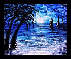 SHADES OF BLUE AND PALM TREES PALETTE KNIFE TEXTURE OIL PAINTING ART BY IVETA - Picture 1 of 13