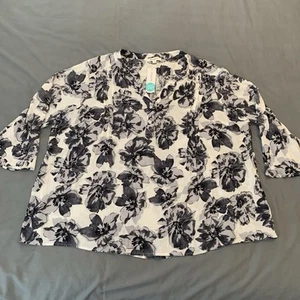 NWT Monday Fun Women's Plus Floral Print Kearney Henley Blouse Size 2X White New - Picture 1 of 8