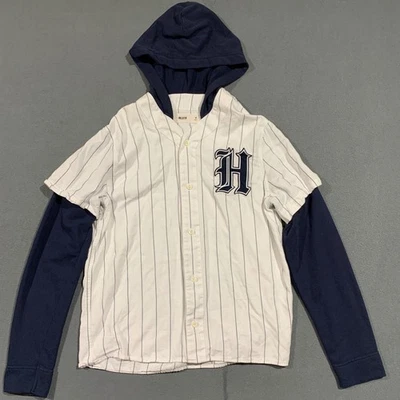 Camiseta deportiva de béisbol Hollister para hombre con capucha blanca azul a rayas preparación deportiva activa M Foto 1 de 4