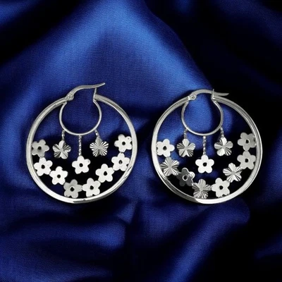 Estate 14K White Gold Dangling Flower Hoop Earrings 3.6g, 33mm - Image 1 of 4