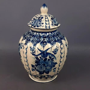 Vase Potiche Keramik signiert NOVE Italien gerippt blaues Dekor Blumen Vintage - Bild 1 von 13