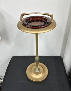 Antico posacenere da terra Art Decò scanalato vetro ambrato toni ottone oro 26" - Foto 1 di 15