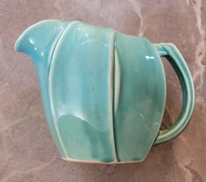 Vintage McCoy Tulip Leaf Turquoise Aqua Green Glaze Pitcher Jug Pottery Used - Picture 1 of 8