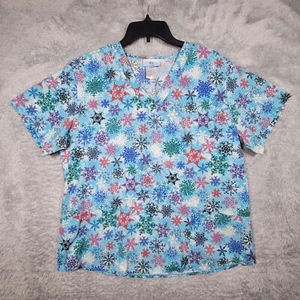 SB Scrub Top Womens Large Blue Winter Snowflakes Short Sleeve Pockets Medical - Picture 1 of 8