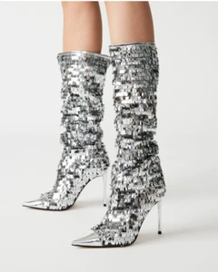 STEVE MADDEN Panther Silver Sequin Tall Stiletto Boots Size 6.5 Pointed Toe - Picture 1 of 15