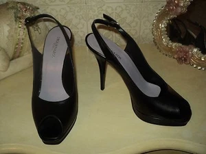 BLACK OPEN TOE SLINGBACK GENUINE LEATHER PLATFORM STILETTOS *EU 38*US 7.5*UK 5 - Picture 1 of 5