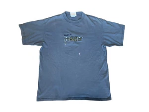 Vintage Hooked On Fishin' T-Shirt Embroidered Logo Fish Graphic Large Blue - Picture 1 of 10