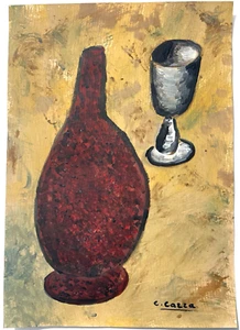 Carlo Carra Original Painting Still Life Glass Red Bottle Italy Italian Art D57 - Picture 1 of 10