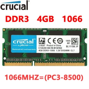 CRUCIAL DDR3 4GB 1066 MHz PC3-8500 Laptop SODIMM 204-Pin Memory RAM 1.5V - Picture 1 of 8