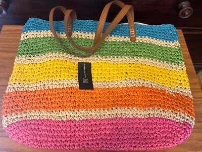 I.N.C. Bolso de Playa, Bolso de Paja Tropical de Gran Tamaño a Rayas, Forrado, Bolsillo, $49 Nuevo con Etiquetas Foto 1 de 4