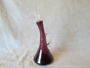 PURPLE AMETHYST Tilt Bent Neck Bottle Jug Decanter Clear Stopper Italian Glass - Picture 1 of 9