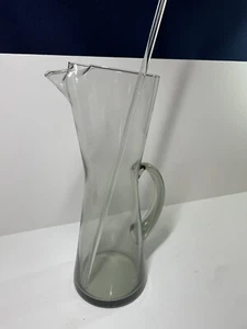 VINTAGE SMOKEY GLASS COCKTAIL PITCHER WITH 16" GLASS STIRRER - Picture 1 of 8