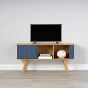 Soporte de TV de bambú con puertas correderas azul oscuro 580 mm H x 1200 mm W x 400 mm D - Imagen 1 de 2